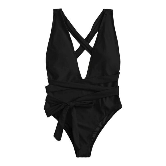 Lilosy Womens Black Halter Deep V-Neck Wrap Tie Waist One-Piece Swimsuit Size L - Picture 9 of 14